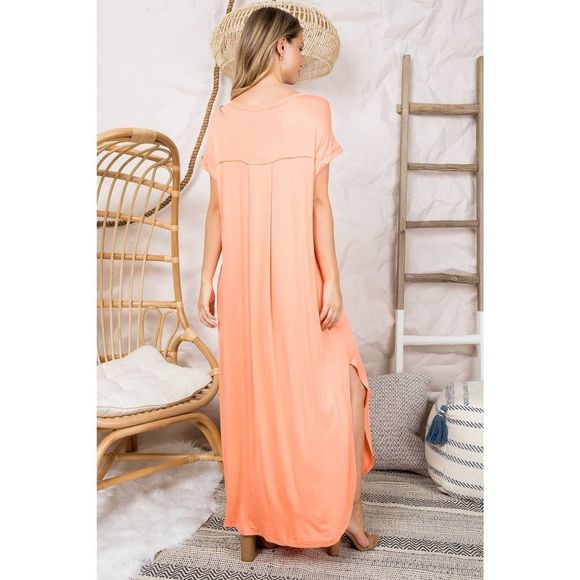 Peach V-Neck Side Slit Maxi Dress - Picture 6 of 8